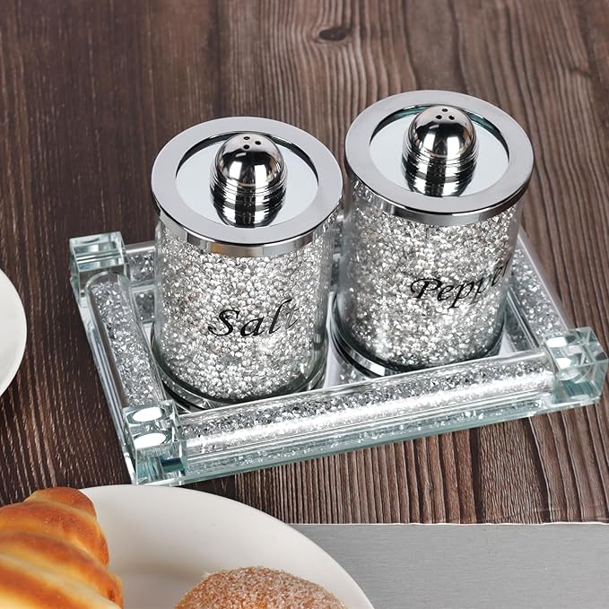Crystal Salt and Pepper Shakers Set with Tray,Sparkly Crystal Crushed Diamond House Decor for Kitchen,Bling Salt Pepper Jar Container Pot for Countertop,saleros para cocina elegantes,Silver