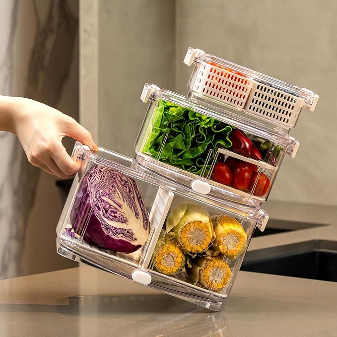 Felli Duo Fresh Produce Saver, ALL IN ONE Veggie Fruit Basket for Fridge with Vent & Drain, Colander Strainer Tray, Kitchen Refrigerator Washing Bin for Berry Vegetable Storage Container, Gifts