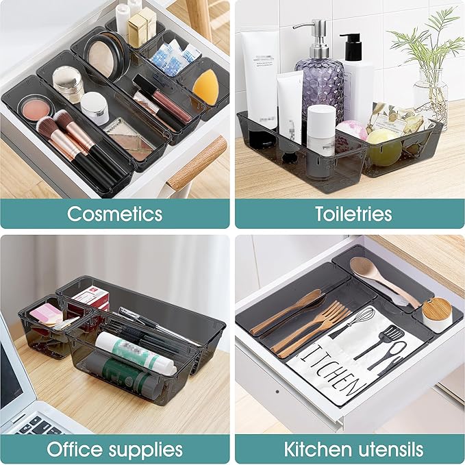 WOWBOX 13 PCS Plastic Drawer Organizer Set, Desk Drawer Divider Organizers and Storage Bins for Makeup, Jewelry, Gadgets for Kitchen, Bedroom, Bathroom, Office, Black