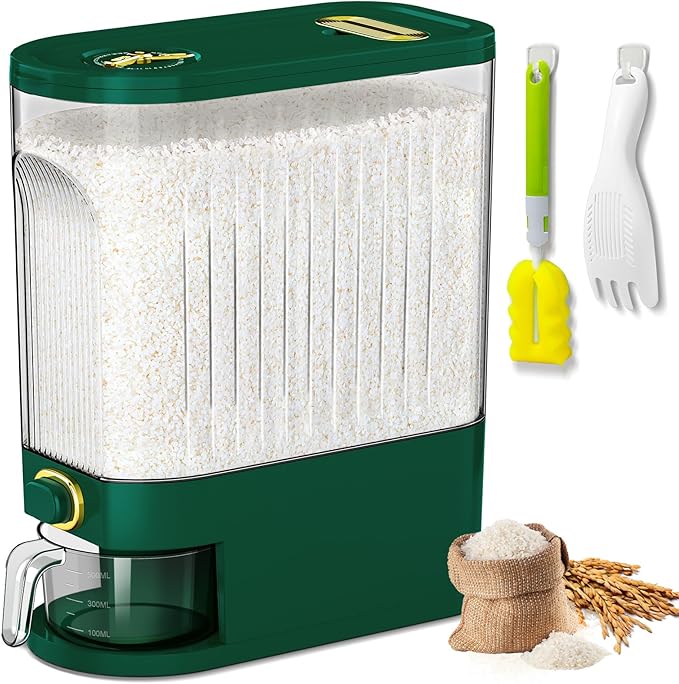 22 Lbs Rice Dispenser, Large Dry Food Storage Container with with Measuring Cup & Time Scale, Food Dispenser Kitchen Organization and Pantry Store for Cereal Dry Food (Green)