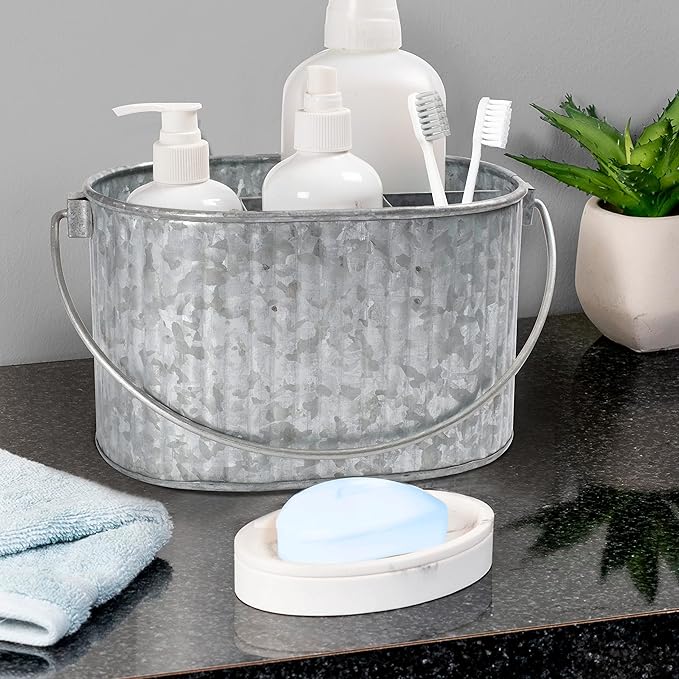 CLEENTABLE Metal Utensil Caddy - Silverware Caddy for Countertop & Parties, Farmhouse Paper Plate & Flatware Holder, Galvanized Kitchen Basket for Picnic & Dining (Grey, 10 Inches)