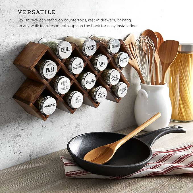 Kamenstein 10 Jar Criss-Cross 2-in-1 Spice Organizer for Countertop or Wall with Spices Included, FREE Spice Refills for 5 Years, Gray Wash Bamboo with Metal Caps