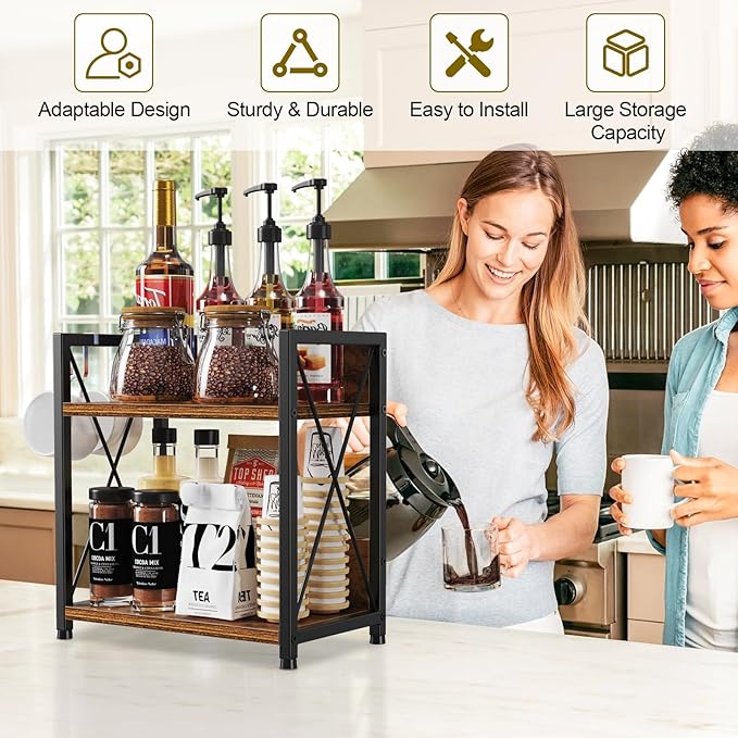 Snughome Coffee Bar Organizer,Kitchen Counter Shelf for Countertop,Wood Kitchen Countertop Organizer,2 Tier Coffee Organizer Station for Countertop (Rustic Brown, Medium)