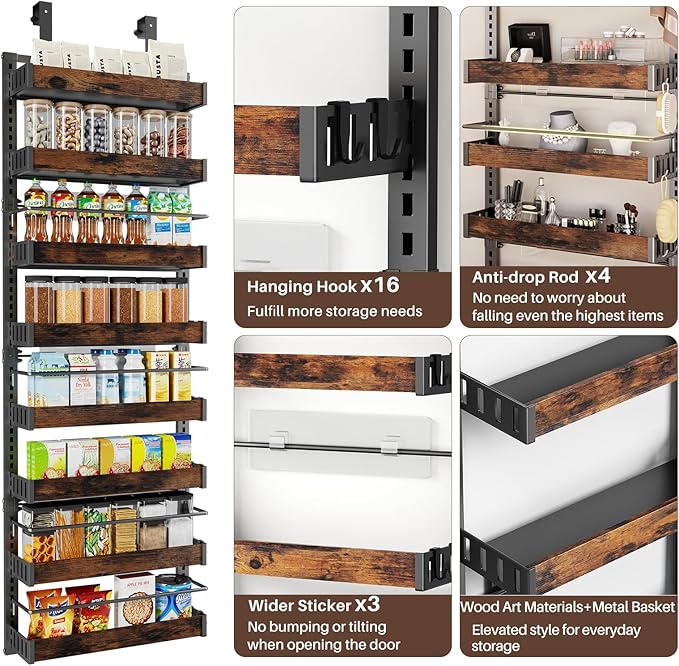 8 Tier Over The Door Pantry Organizer, 2 IN 1 Wall Mount or Metal Hanging Spice Rack for Pantry Organizers and Storage, Seasoning Shelves,Adjustable Basket with Hooks for Kitchen, Bathroom,Laundry