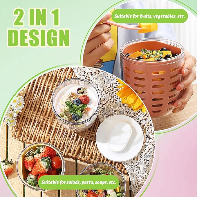 4 Pack Fruit Salad Storage Cup with Lids and Fork, 20oz Reusable Plastic Fruit Storage Containers for fridge with Drain Baskets, BPA-Free & Leak-Proof, Keep Fruits,Vegetables Fresh Longer
