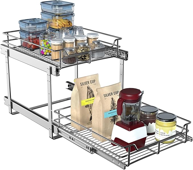 2-Tier Pull Out Cabinet Organizer (17.5"W x 22"D), Pull Out Shelves and Drawer for Kitchen Pantry Storage Basket, Heavy-Duty Metal Sliding Shelf, Chrome Finish