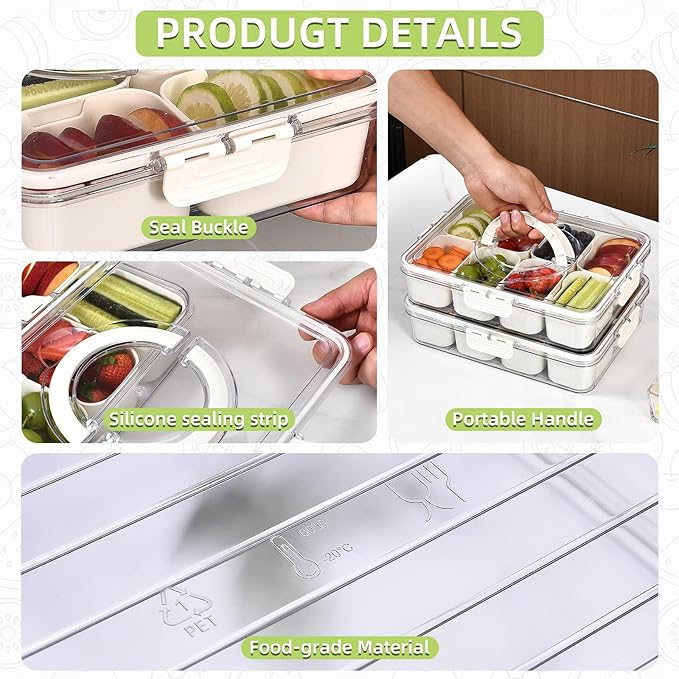 UPTRUST Snackle Box Container, Premium 2-Pack Divided Serving Tray & Lid with 8 Compartments, Durable Snackle Boxes for Travel & Parties – Snack box container, Perfect for Treats & Gifts