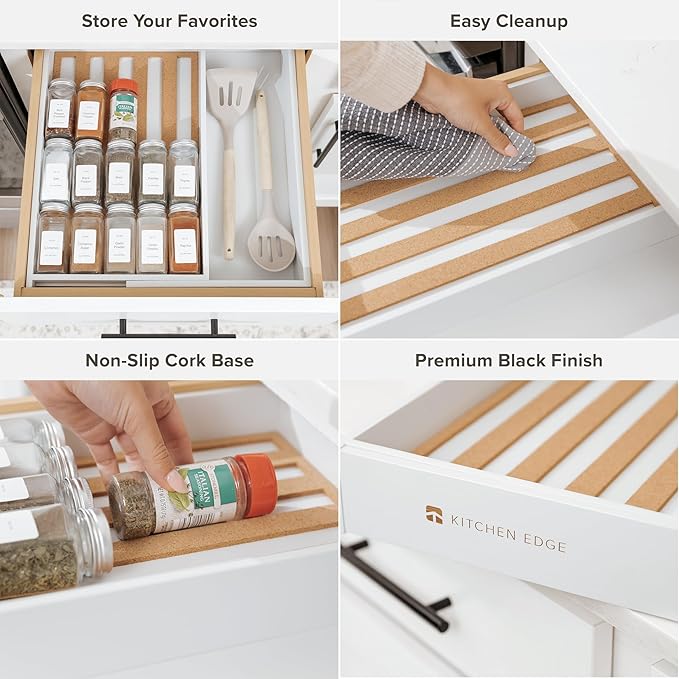 Spice Drawer Organizer with Expandable Storage. Holds up to 15 Spice Jars (Not Included), Non-Slip Feet, Kitchen Accessory Storage, 100% Sustainable Bamboo Wood (White Bamboo)