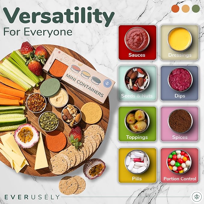 Everusely Condiment Cups - 3 Pack, 1.7 oz, Muted, Stainless Steel - Condiment Containers with Lids - Reusable Salad Dressing Container To Go - Sauce & Dip Cup for Lunchbox, Meal Prep