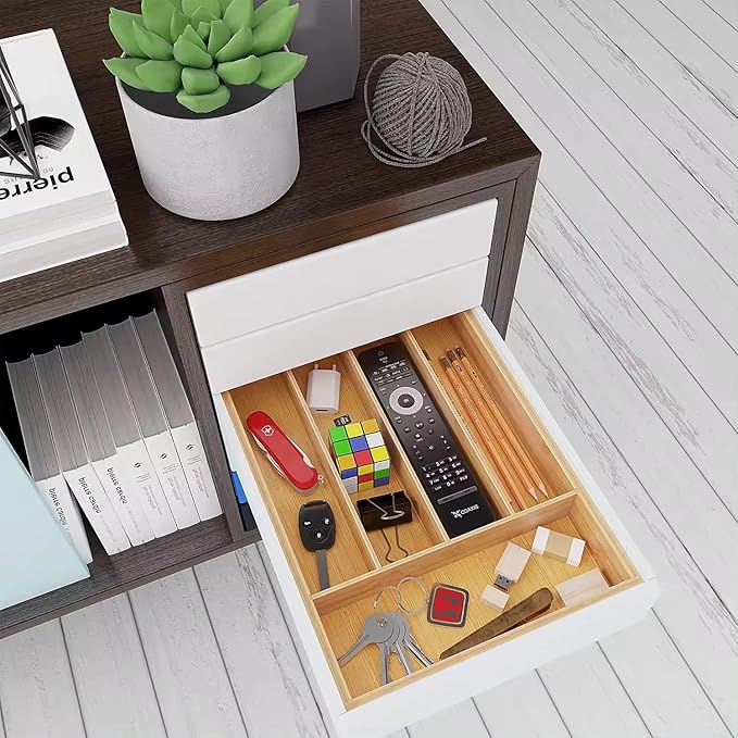 Bamboo Cutlery Drawer Organizer, Kitchen Utensil Organizer with Dividers for Flatware, Silverware Knives in Kitchen, Bedroom, Living Room (5 Slots)