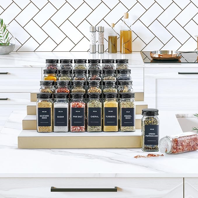 Spice Jars, 24 Pcs 4oz Seasoning Jars with Label, Glass Jars with Shaker Lids, Spice Containers Bottles with Pepper Grinder & Stainless Steel Funnel for Seasoning Organizer, Cabinet, Drawer