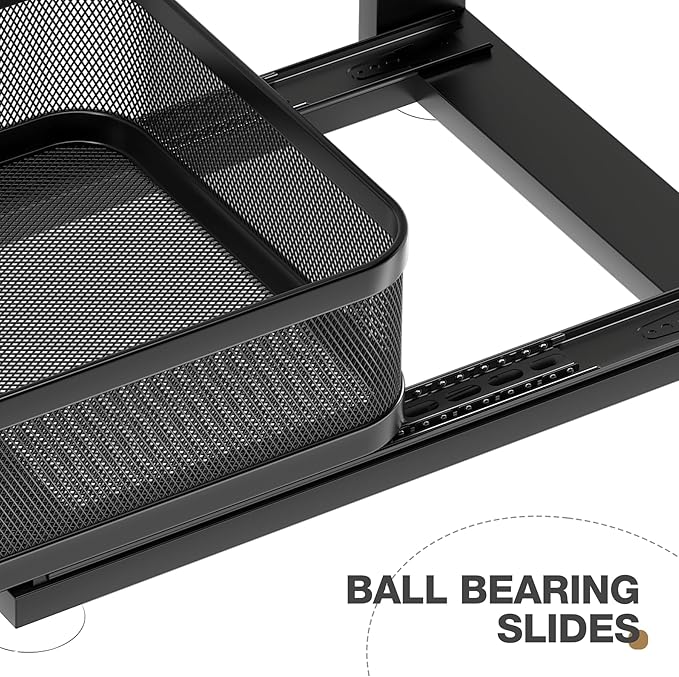 1 Pack 15.5IN-Depth Under Sink Organizer With Next-Gen Ball-Bearing Slides,2-Tier Precision Mesh Pull Out Cabinet Storage for Bathroom&Kitchen,Height Adjustable Drawers Shelf,Anti-rust-Black