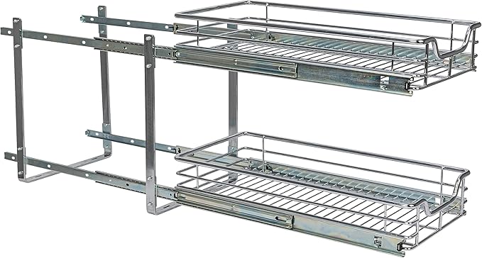 Household Essentials Glidez Slide Out Cabinet Organizer, 11.5” Wide, Durable Chrome-Plated Steel Frame,Dual Baskets & Smooth Glides,Heavy-Duty & Space-Optimizing,Simple Assembly & Installation, Chrome