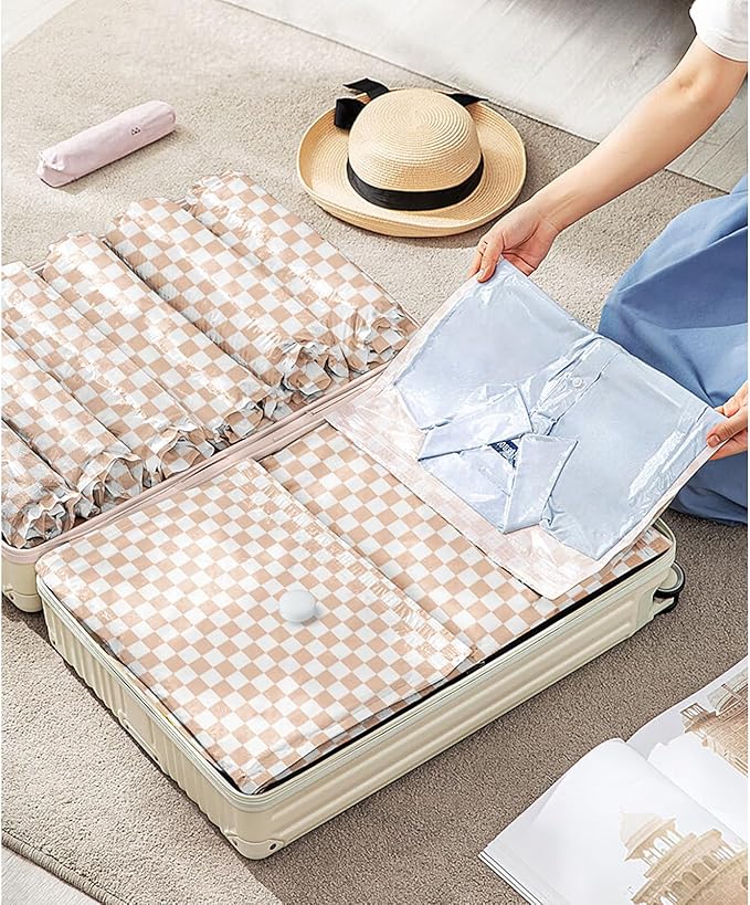 10 Pack Travel Vacuum Storage Bags with Electric Pump, 2 Large+4 Medium+4 Small Vacuum Sealer Bags, 80% Space Saver Bags for Luggage, Comforters and Blankets, Travel Essentials(Light Pink Checkered)