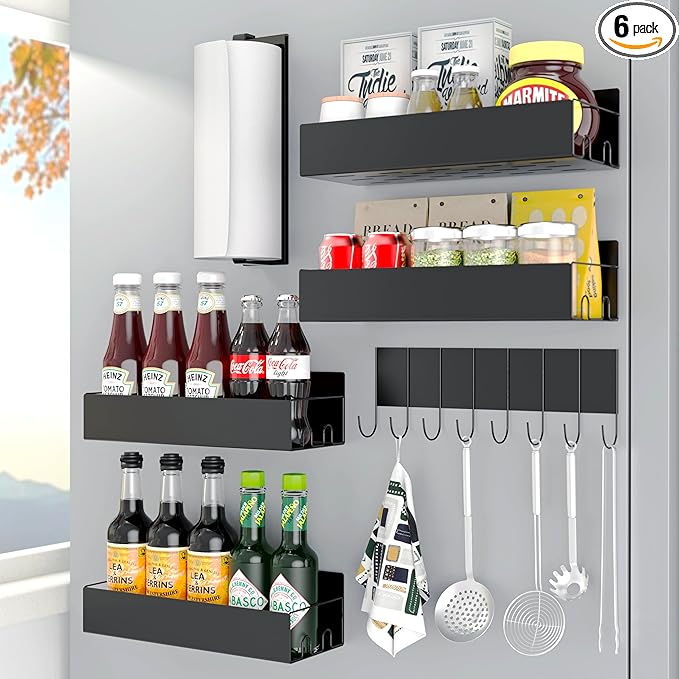 Magnetic Spice Rack for Refrigerator, Black Metal Space Saving Spice Racks Magnetic Refrigerator, Fridge Shelves with Strong Magnets, Six-Piece Magnetic Storage Rack, Magnetic Spice Rack