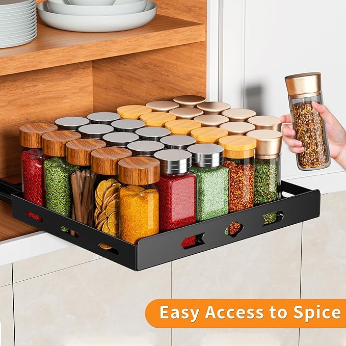RCHYFEED Pull Out Spice Rack Organizer for Cabinet, Heavy Duty Slide Out Spice Rack for Inside Cabinets & Pantry, Kitchen Cabinet Seasoning Organizer Vertical Spice Racks,12.6" Wx10.5 Dx2.8 H,Black