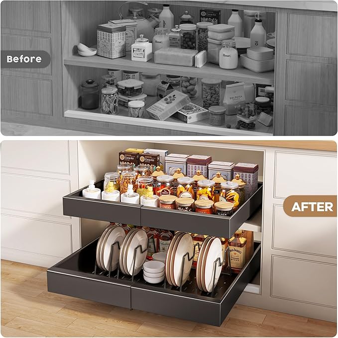2 Pack Pull out Cabinet Organizer 21"Deep With Raising Pad for Framed Cabinets, Expandable Slide out Drawers for Kitchen Cabinets with 4pcs Divider Racks, Roll out Shelves 12.1"-20.4" W Black