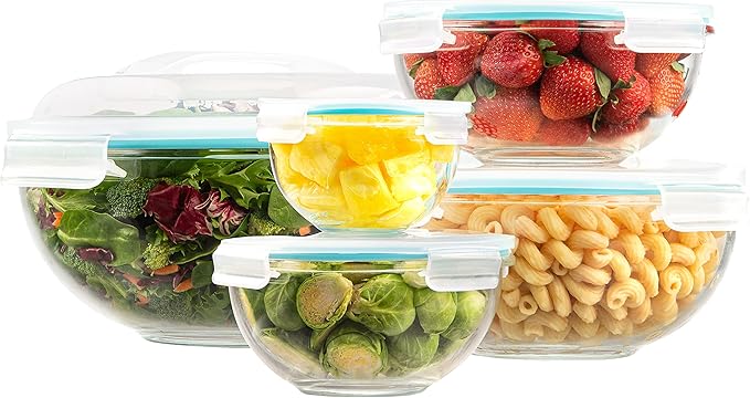 EatNeat Set of 5 Glass Food Storage Bowls with Airtight Snap Lock Lids - Salad, Mixing, Cooking, Meal Prepping & Leftover Keeping, Stackable & Nesting