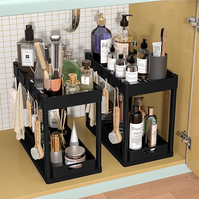 2PC Under Sink Organizer Rack 2 Tier Under Sliding Cabinet Basket Organizer Drawer with 4 Hooks, Multi-purpose Under Sink Storage for Bathroom Kitchen Desktop(Black)