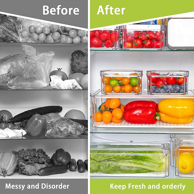 Moretoes 8 Pack Fridge Organizer Bins, Stackable Fridge Organizers with Lids, BPA-Free Clear Storage Bins for Fridge, Freezer, Kitchen, Cabinet, Pantry