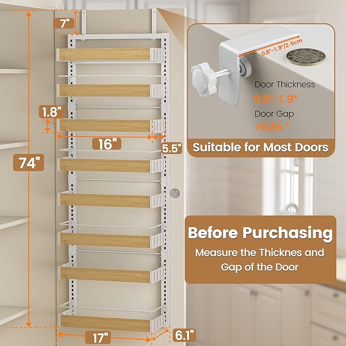 8 Tier Over The Door Pantry Organizer, 2 IN 1 Wall Mount or Hanging Spice Rack Seasoning Shelves with Adjustable Basket, Back of Door Organizer and Storage for Kitchen Cabinet and Room Closet