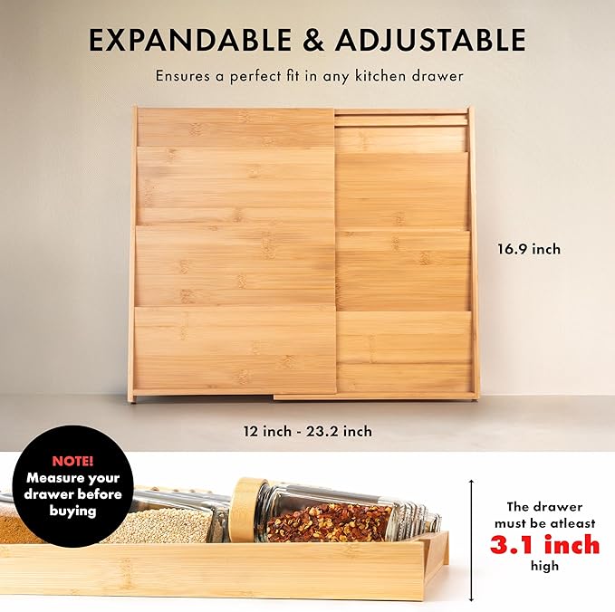 Bamboo Spice Drawer Organizer - Expandable 4 Tier Spice Rack (Need 3" Deep Drawer) 12" to 23" Wide, Seasoning Organizer, Organization Seasoning Rack insert for Kitchen Cabinet (Jars Not Included)