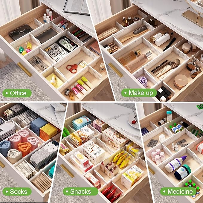 HiYZ Expandable Drawer Dividers with Inserts, Large Kitchen Utensils Drawers Divider, 2.36" High Adjustable Drawer Organizers Separators for Clothing,Kitchen Utensils,Tools,12 Dividers with 24 Inserts