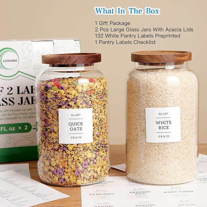 Set of 2 Large Glass Jar with Airtight Acacia Lid and 132 Kitchen Pantry Labels, Clear Glass Food Storage Jars Containers for Rice Flour Pasta Sugar Coffee Cookie and More(98 Fl Oz/2800 Ml)