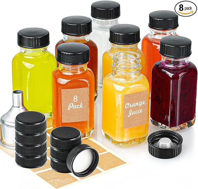 Syntic Clear Reusable Ginger Shot Bottles with Caps - 8 Pack 2 oz Small Square Glass Jars with 8 Sealed Conical Inner Caps & 8 Airtight Lids, Wide Mouth Juice bottles for Fridge, Extra Sticker, Funnel