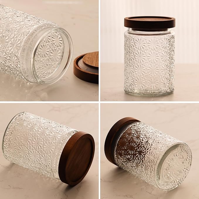 6 Pack 24oz Vintage Glass Jar with Wooden Lid – BPA-Free, Airtight Food Storage Canister for Kitchen Counter, Pantry, Coffee, Sugar, Spices & Dry Foods