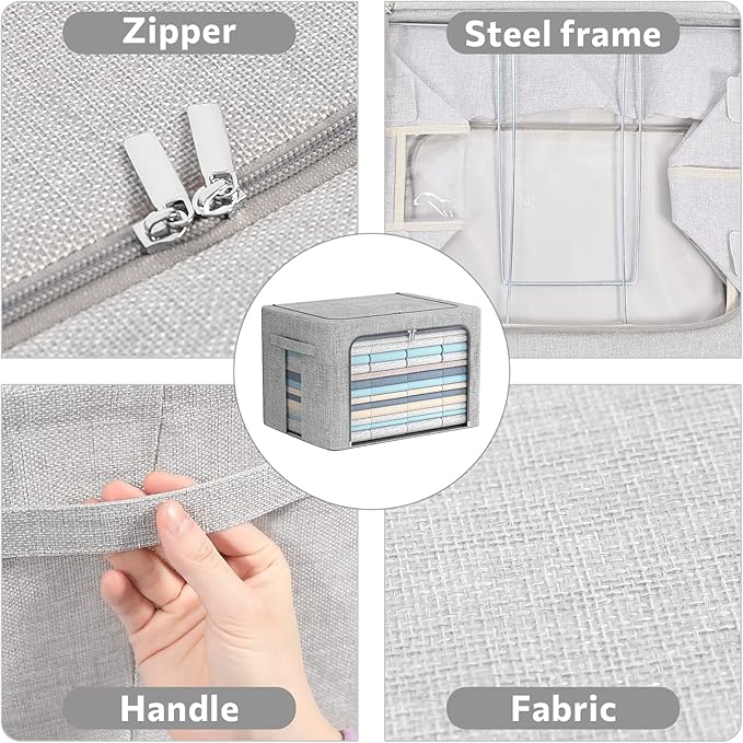 2 Pack Clothes Storage Bins Stackable Metal Frame Storage Box Large Capacity Foldable Linen Fabric Box Organizer with Carrying Handles and Clear Window(Light Gray, 23.6X 16.5X 15.7 Inch)