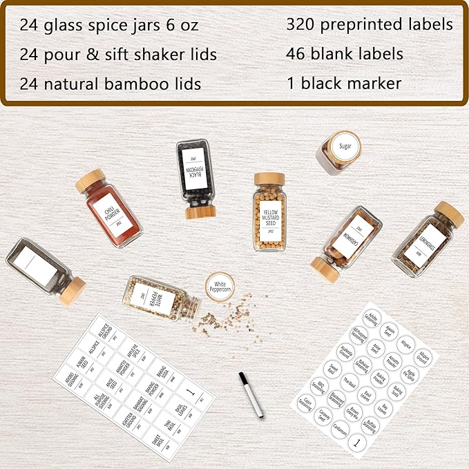 SWOMMOLY 24 Glass Spice Jars with 366 Labels, 6 oz Spice Jars with Bamboo Lids, Empty Bottles with Shaker Lids, Spice Containers with White Spice Labels,Chalk Marker, Funnel.
