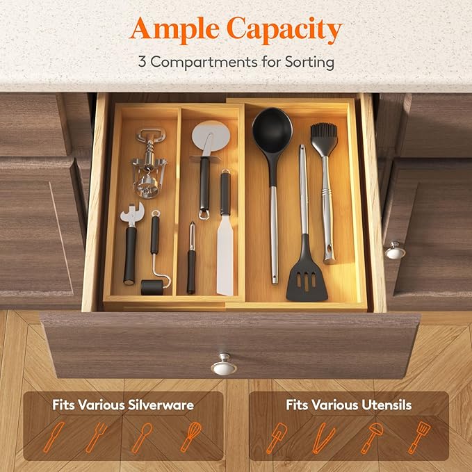 Lifewit Utensil Drawer Organizer, Expendable Cooking Silverware Tray for Kitchen Drawer, Bamboo Adjustable Cutlery Flatware Holder, Spatula Tools and Gadgets Storage Divider, 3 Compartments, Natural