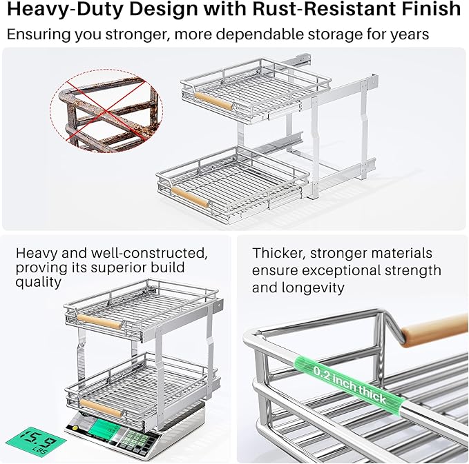Kitstorack Pull out Cabinet Organizer,2 Tier Heavy Duty Smooth Sliding Under Cabinet Shelves for Pots and Pans,Roll out Drawers with Thickened Chrome Plating(23" W X 21" D)