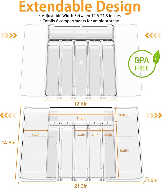 Silverware Drawer Organizer, Expandable Utensil Tray for Kitchen Drawers, BPA Free Flatware and Cutlery Holder, Adjustable Plastic Storage for Utensil like Spoons, Forks, Knives.Clear