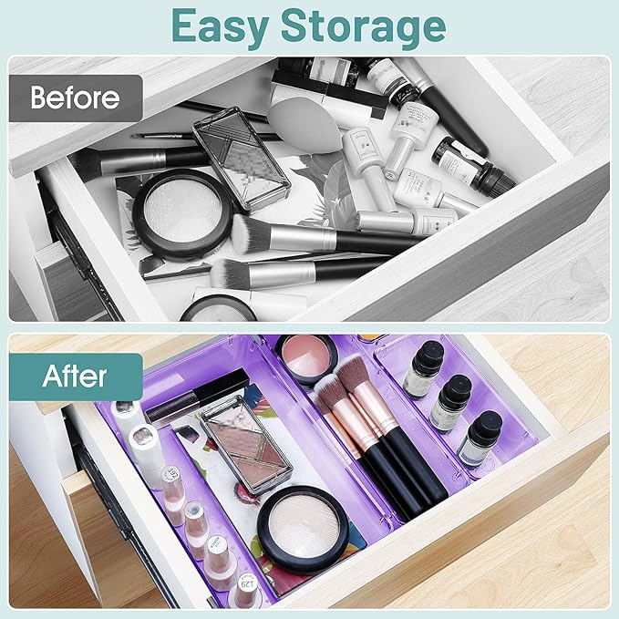 WOWBOX 13 PCS Plastic Drawer Organizer Set, Desk Drawer Divider Organizers and Storage Bins for Makeup, Jewelry, Gadgets for Kitchen, Bedroom, Bathroom, Office, Purple