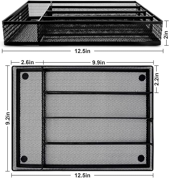 HaWare Utensil Drawer Organizer, Mesh Wire Silverware Organizer Divider for Kitchen, Stainless Steel Cutlery Flatware Storage Tray with Non-Slip Foam Feet, 5 Compartment, 12.5 x 9.2Inch, Black