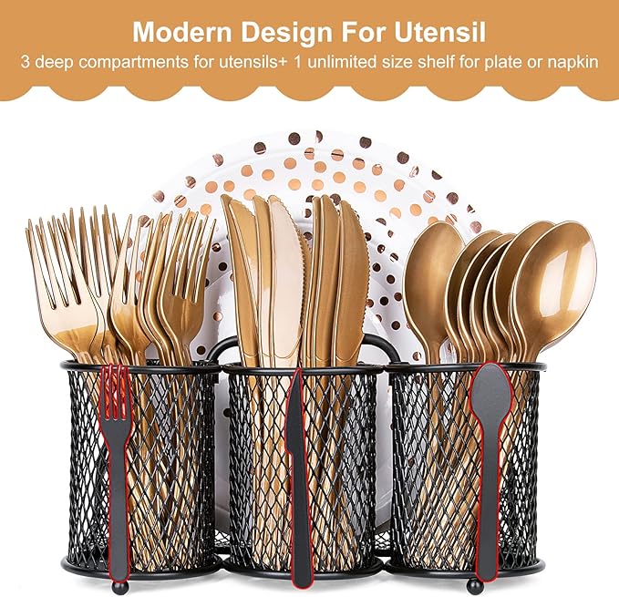 Metal Utensil Caddy Silverware Organizer, Paper Plate Holder Cutlery Container, Flatware Spoon Fork Storage for Outdoor Party Camping Picnic Buffet RV BBQ Farmhouse Kitchen Countertop (Black)
