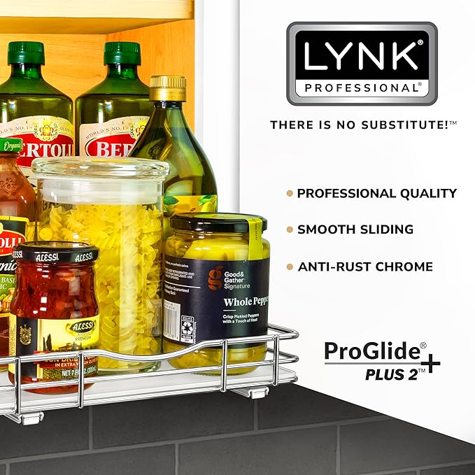 LYNK PROFESSIONAL® Pull Out Spice Rack Organizer for Inside Kitchen Cabinets - 10-1/4 inch Wide - Slide Out Drawer – Chrome Sliding Spice Cabinet Organization Shelf Racks - 1 Tier