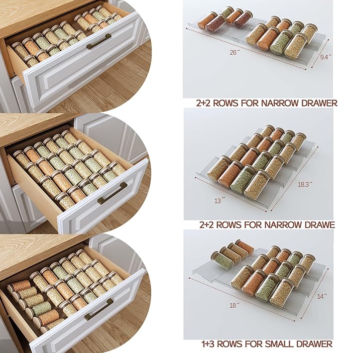 Spice Drawer Organizer with Labels, 4 Tier 4 Pack Seasoning Organizer Rack, Clear Plastic Storage Trays with Angled Dividers for Dressing Table,Bathroom (Not Jars/Expandable From 13 to 26")