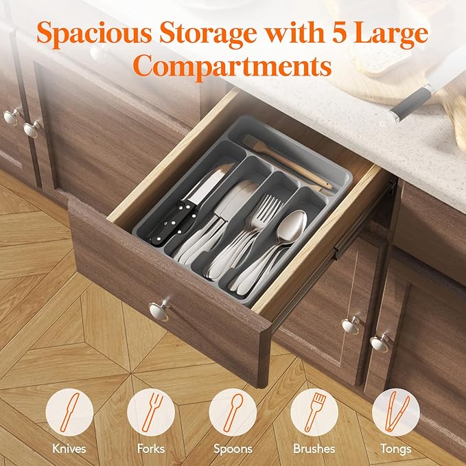 Lifewit Silverware Drawer Organizer Tray, Plastic Cutlery Storage for Kitchen Drawer, Flatware and Utensil Holder Divider for Spoons Forks Knives Tableware, 5 Compartment, Gray