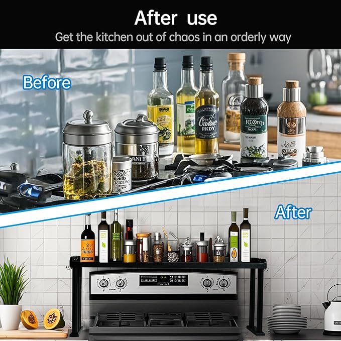Over the Stove Shelf, Bamboo Stove Top Spice Rack for Kitchen,Wooden Stove Shelf for Back of Stove, Non-slip Countertop Seasoning Organizer with 6 hooks,Easy to Assemble 34.6*5.1*13.4” Black