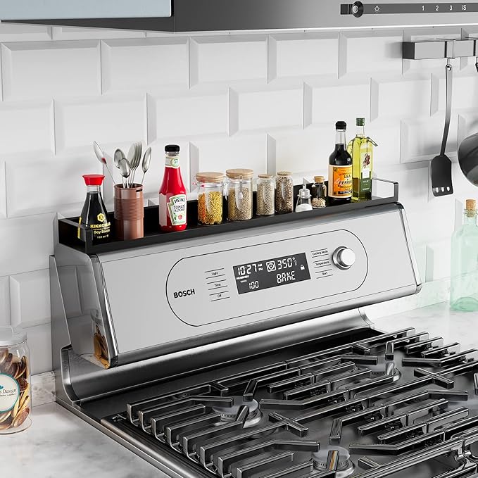 Spice Rack, Magnetic Stove top Shelf, Over the Stove Spice Rack, Adjustable 15-30 In, for Kitchen Shelves, Seasoning Organizer, Matte Black