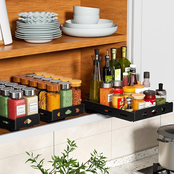 RCHYFEED Pull Out Spice Rack Organizer for Cabinet, Heavy Duty Slide Out Spice Rack for Inside Cabinets & Pantry, Kitchen Cabinet Seasoning Organizer Vertical Spice Racks,8.4" Wx10.5 Dx2.8 H,Black