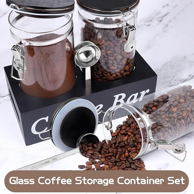 WYTAOHZL 2PCS Glass Coffee Containers With Shelf 54 oz Station Organizer Bean Storage With Spoon Canister Set Jars With Airtight Locking Clamp for Ground Nuts