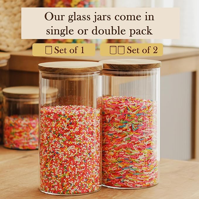Labina Glass Storage Container Airtight Food Jars Kitchen Canister with Wood Lids, 40 Oz Wide Mouth Pantry Organization Glass Jar for Flour, Sugar, Cookie, Spagetti, Candy and Nuts