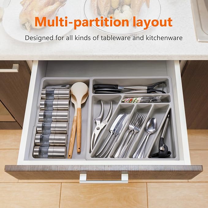 Li&Zhao Silverware Organizer - Expandable Kitchen Drawer Organizer Cutlery Drawer Organizer Flatware Organizer for Drawer Utensil Tray for Kitchen Plastic Silverware Holder for Spoons Knives Forks