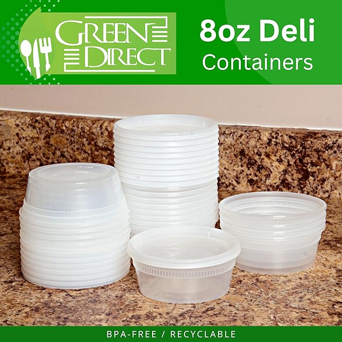 Green Direct 8 oz. Disposable Clear Deli Containers with Lids 50 Pack - Leakproof Lunch Plastic Round Freezer Food Storage Containers for Food