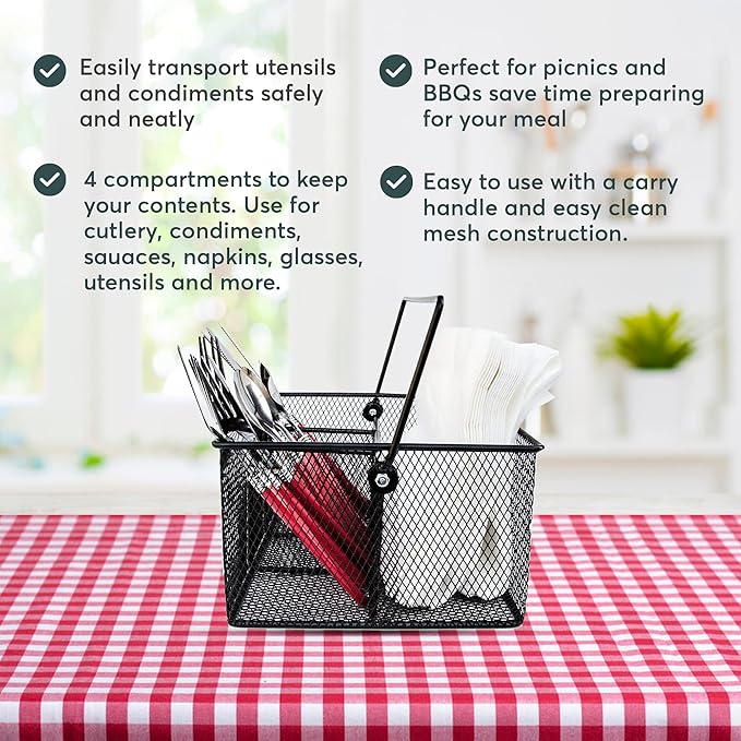 Utensil Caddy -Silverware Caddy for Parties, Spoon Holder, Buffet Organizer for Condiments, Napkin, Forks, Knives -Stainless Steel Flatware Caddy for Home, Picnics or Entertaining Evens (Black)