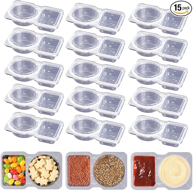 15 Sets Double Compartment Condiment Containers with Lid, Transparent Small Plastic Dipping Containers for Condiments or Dips, Sauce Snack, Salad Dressing, Sampling, Travel Snack